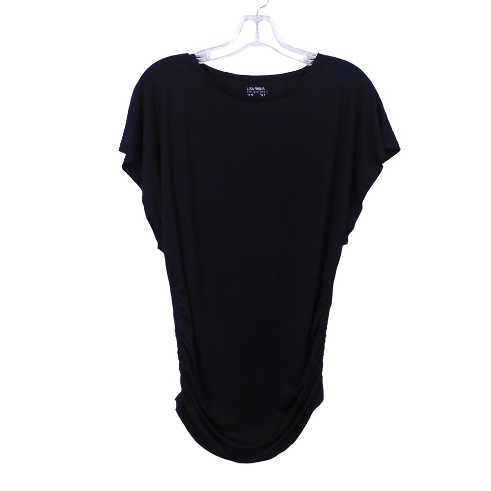 Lisa Rinna Collection Short Sleeve Blouse, Side Ruching, Black, Size XS
